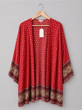 Hem & Thread Boho Kimono Cardigan Floral Border Print Open Front Cover Up